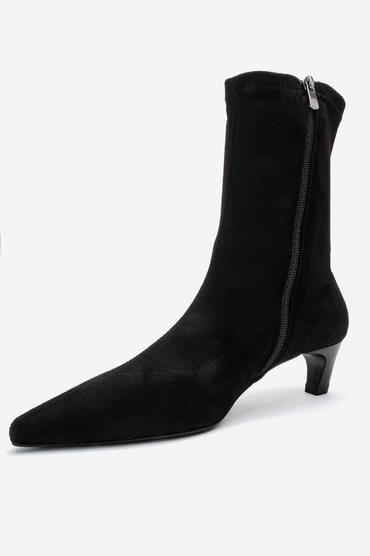 ALORA - Black Stretch Short Heel Boot – heel view showing suede, black, Vowalisse