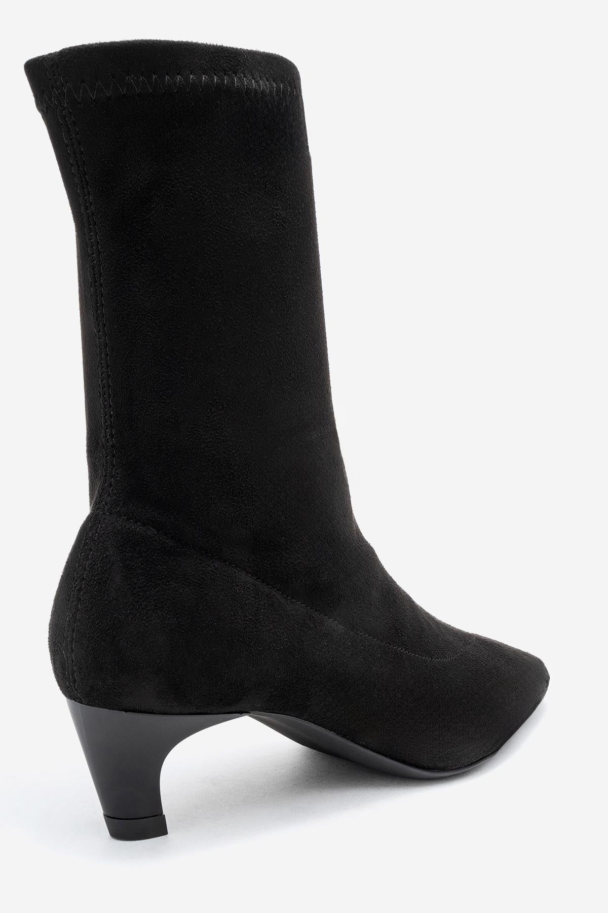 ALORA - Black Stretch Short Heel Boot – back view showing suede, black, Vowalisse
