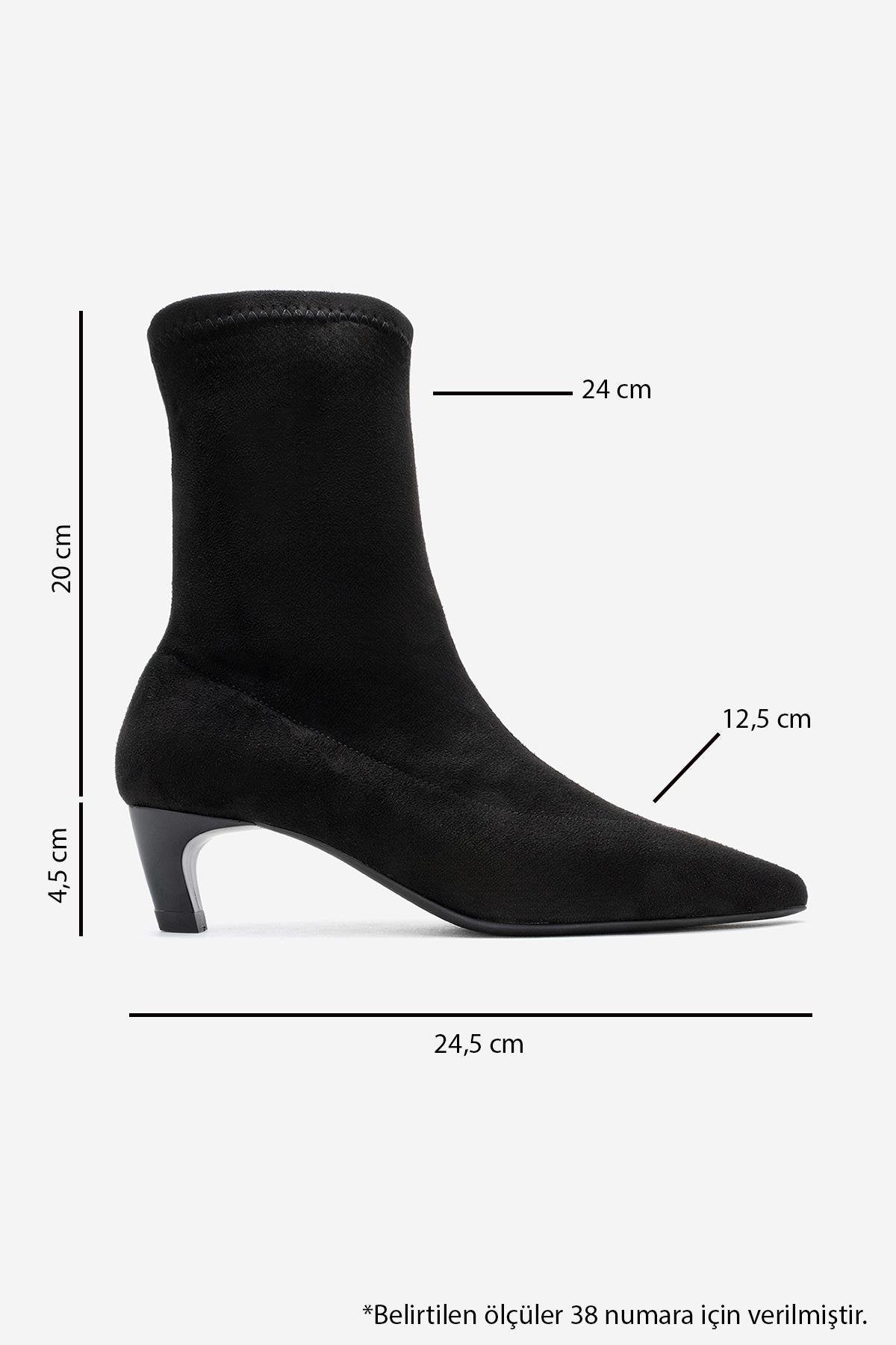 ALORA - Black Stretch Short Heel Boot – top view showing suede, black, Vowalisse