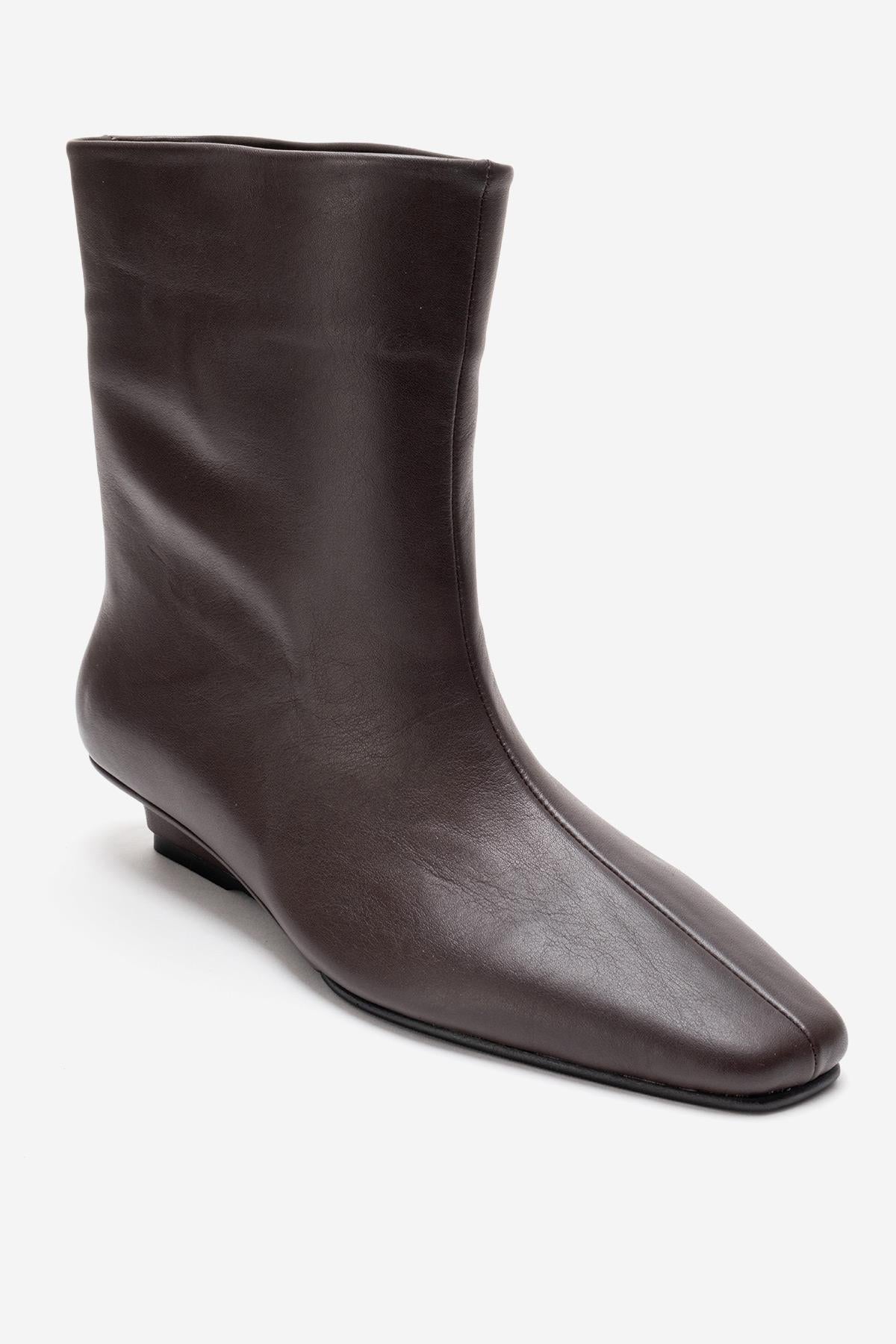 NACHO - Brown Genuine Leather Minimal Block Heel Ankle Boot – heel view showing leather, Vowalisse