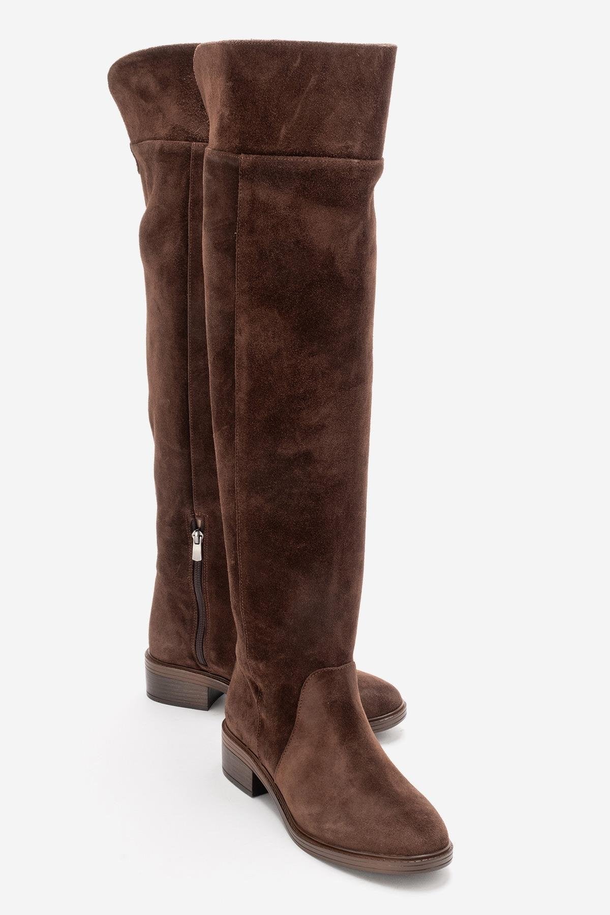 PETYA - Brown Suede Genuine Leather Over-The-Knee Boot – front three-quarter view showing leather, suede, Vowalisse