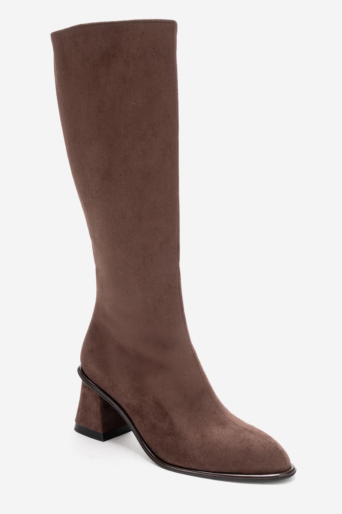 PARADIS - Brown Block Heel Boot – back view showing suede, red, Vowalisse