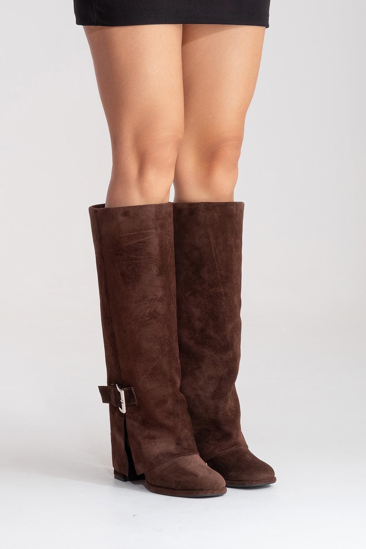 LOJO - Brown Genuine Leather Block Heel Boot – side view showing leather, suede, Vowalisse