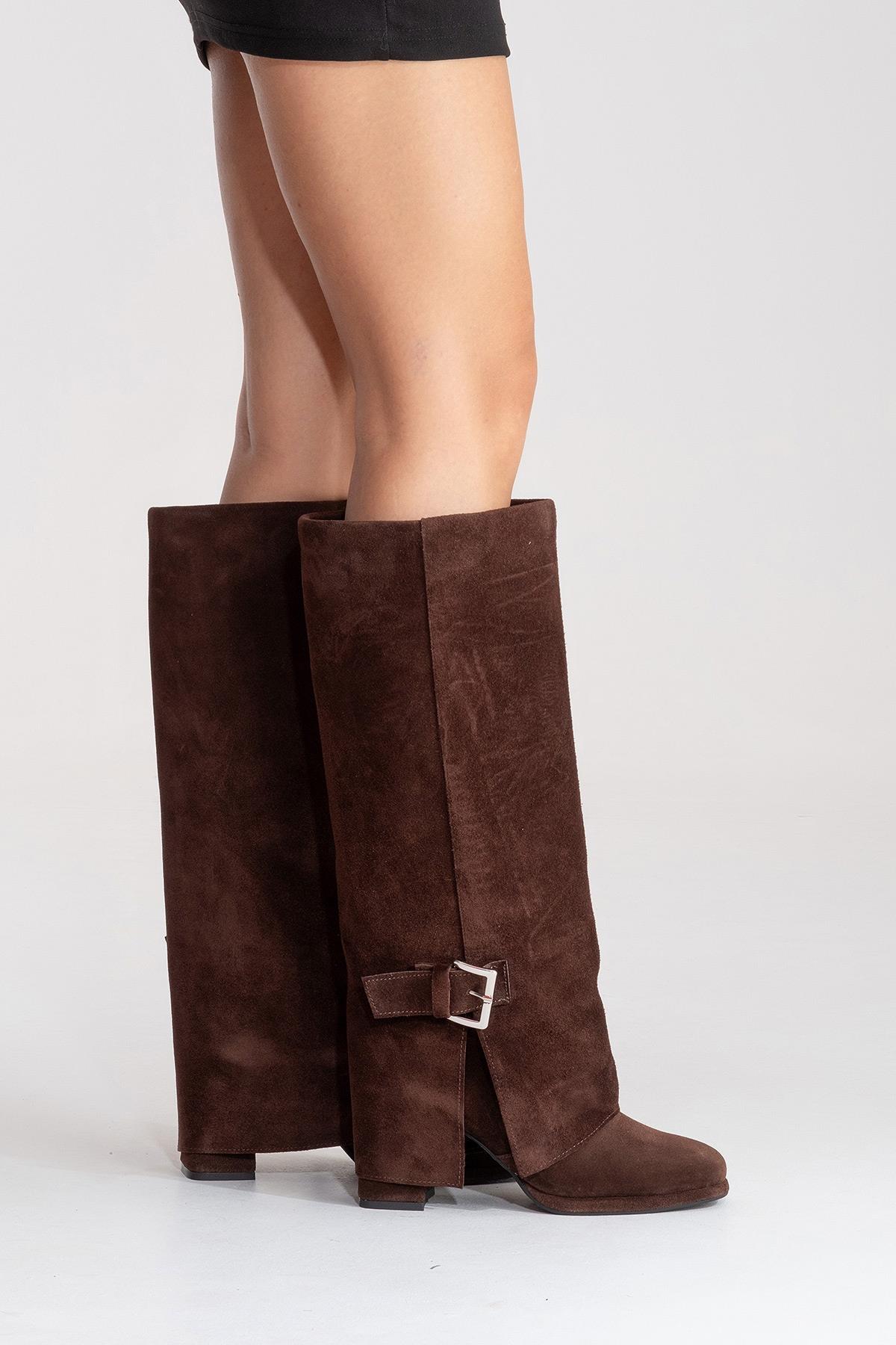 LOJO - Brown Genuine Leather Block Heel Boot – top view showing leather, suede, Vowalisse