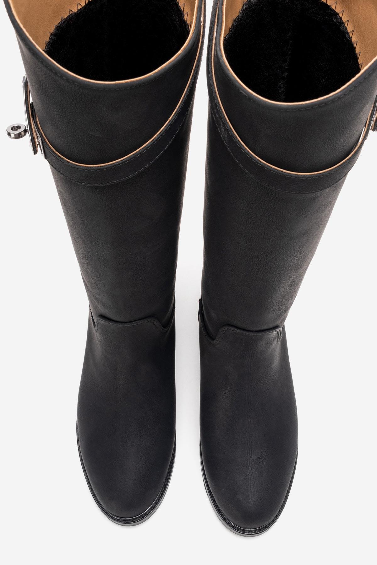 YOKO - Black Belted Riding Boot – heel view showing leather, black, Vowalisse