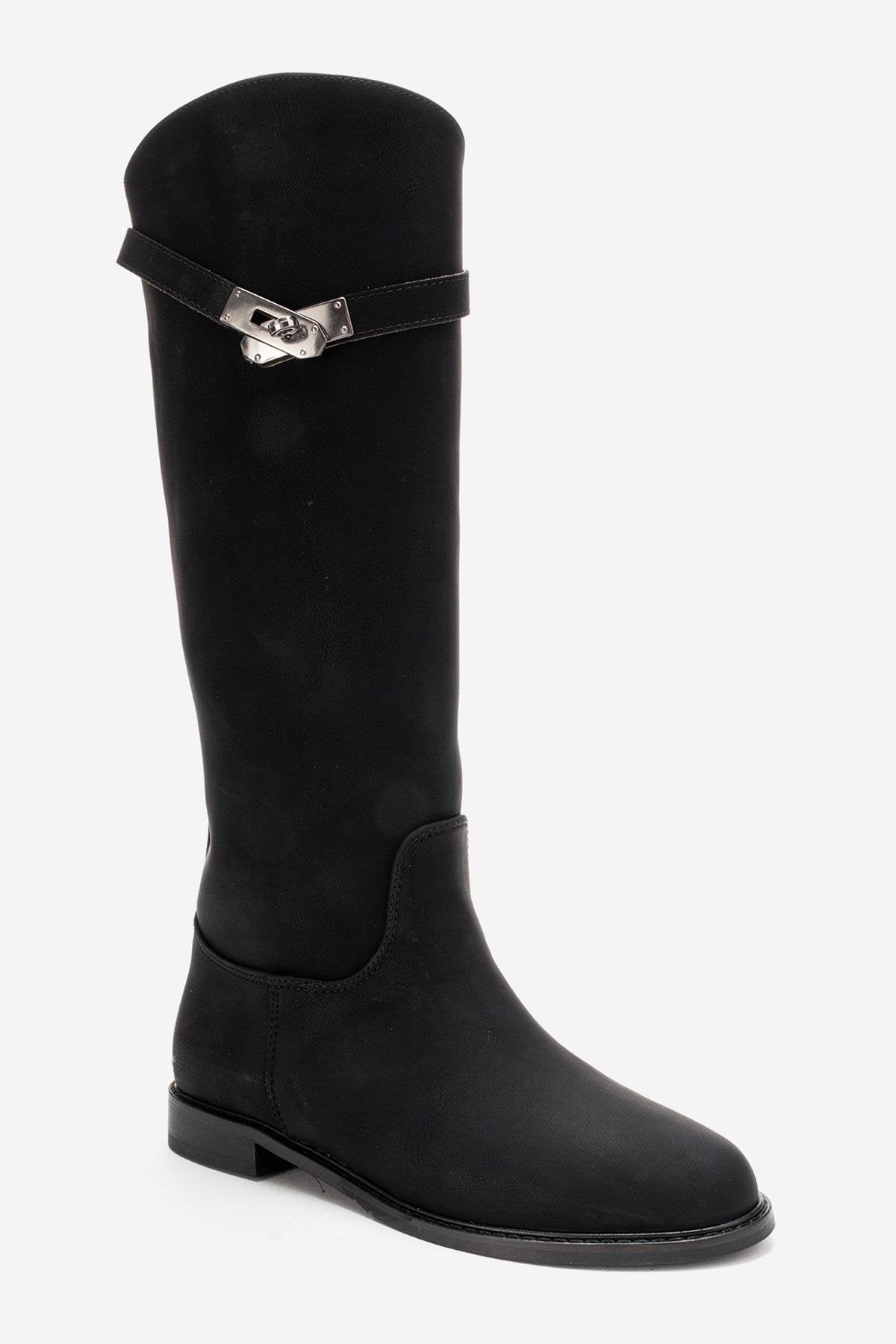 YOKO - Black Belted Riding Boot – back view showing leather, black, Vowalisse
