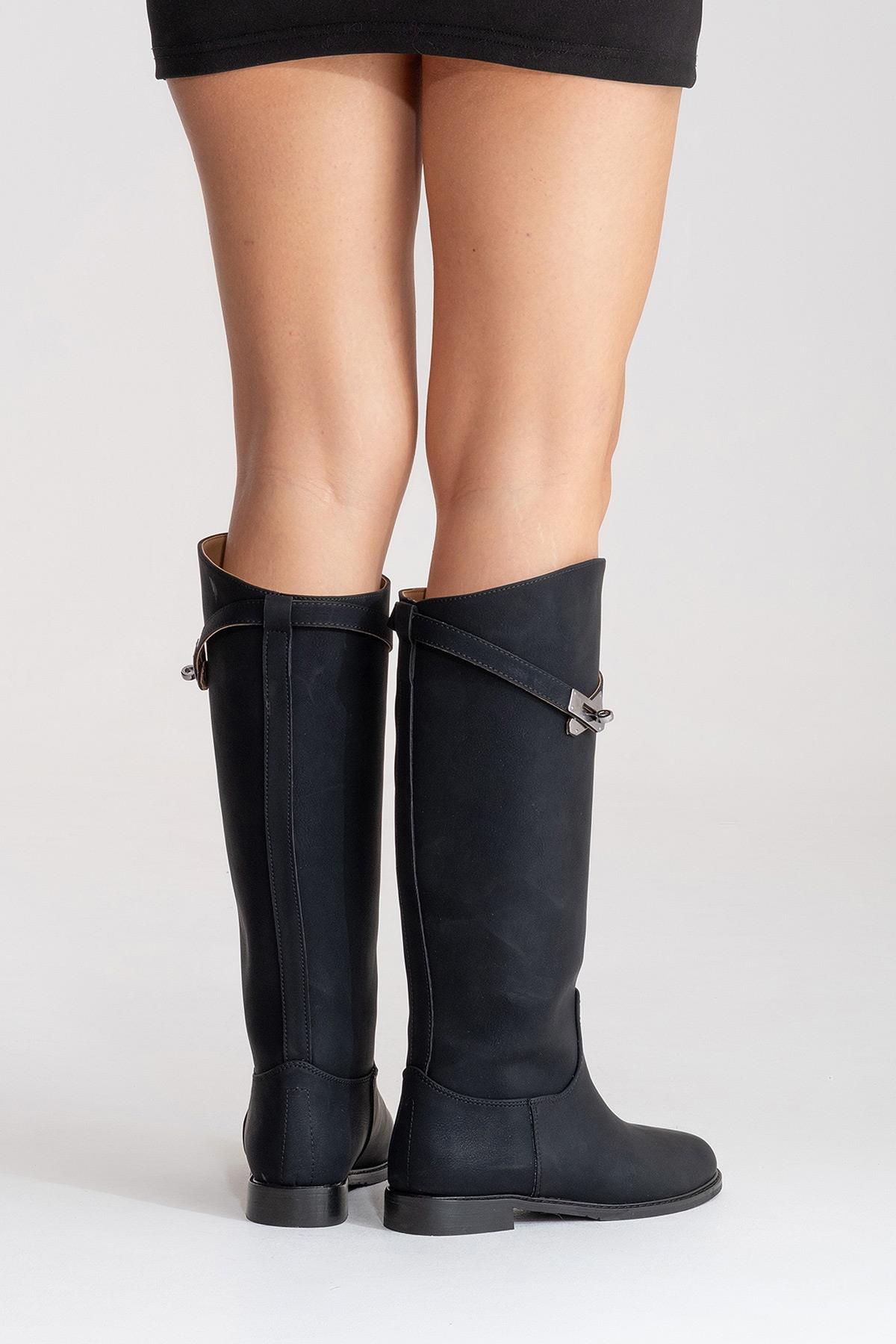 YOKO - Black Belted Riding Boot – sole view showing leather, black, Vowalisse