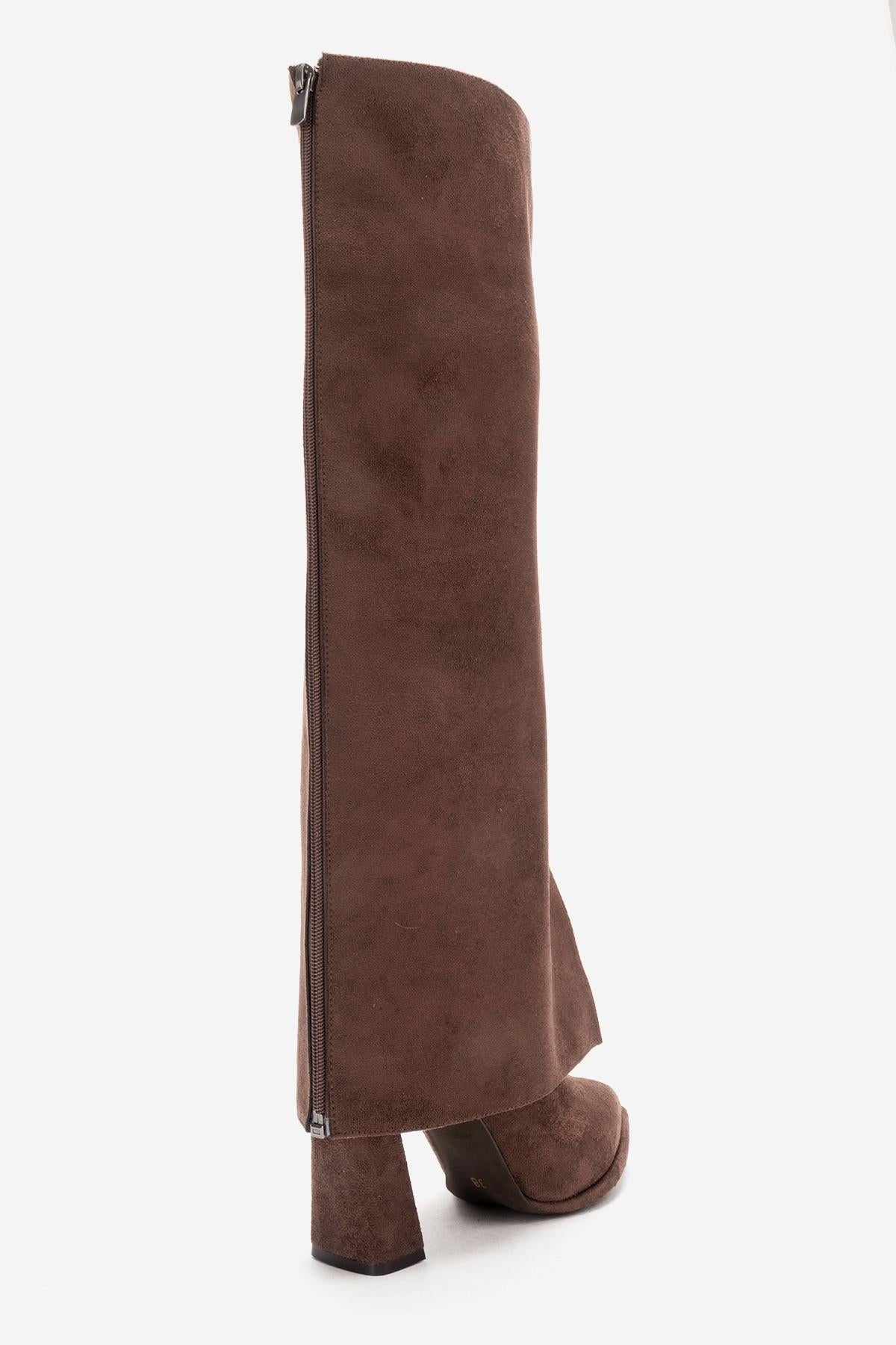 AJA - Brown Suede Block Heel Boot – product view 10 showing suede, Vowalisse