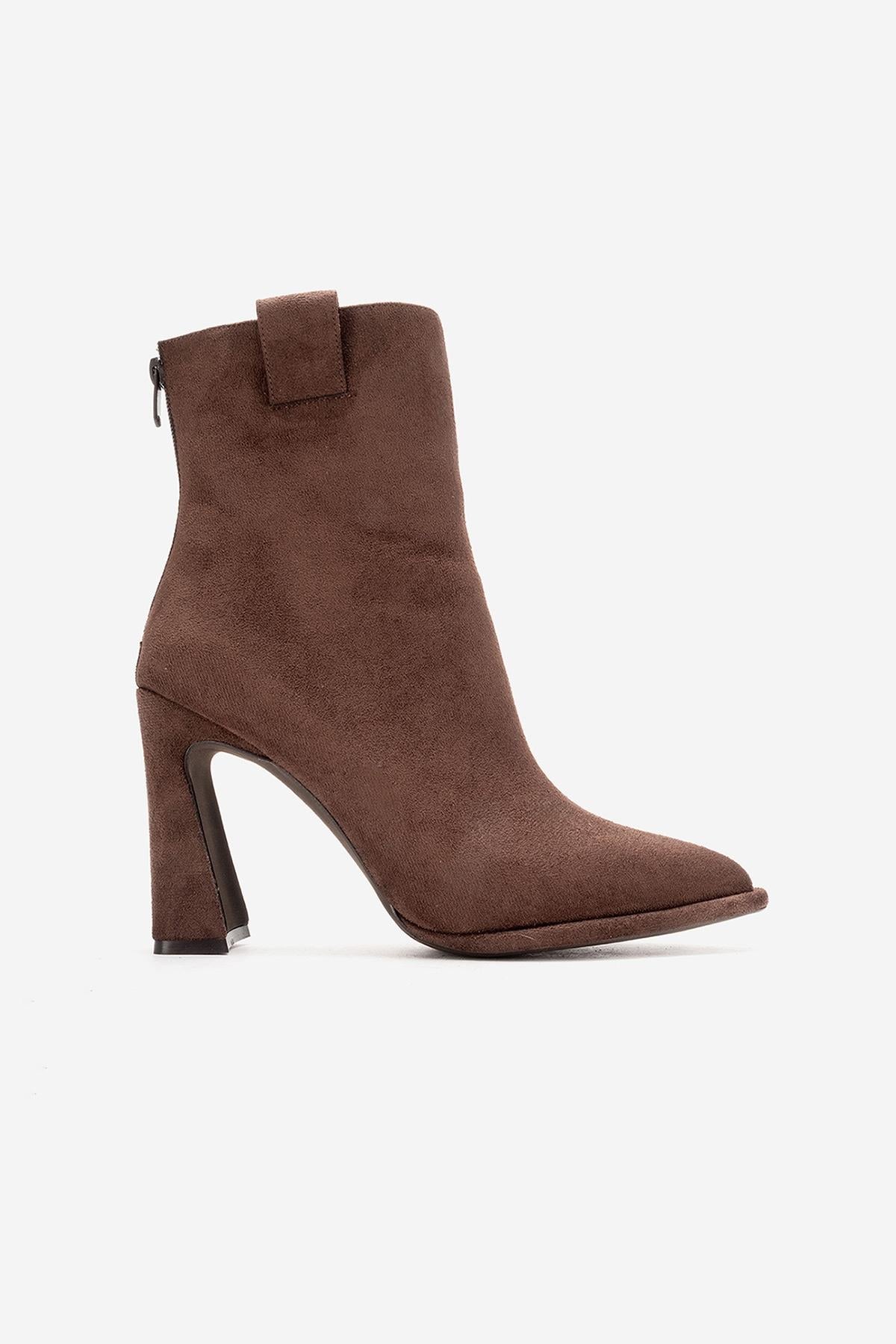 AJA - Brown Suede Block Heel Boot – back view showing suede, Vowalisse