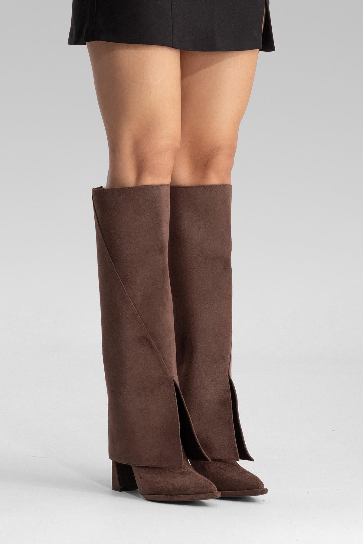 AJA - Brown Suede Block Heel Boot – top view showing suede, Vowalisse