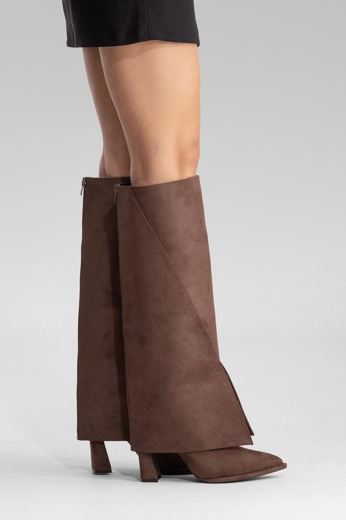 AJA - Brown Suede Block Heel Boot – sole view showing suede, Vowalisse