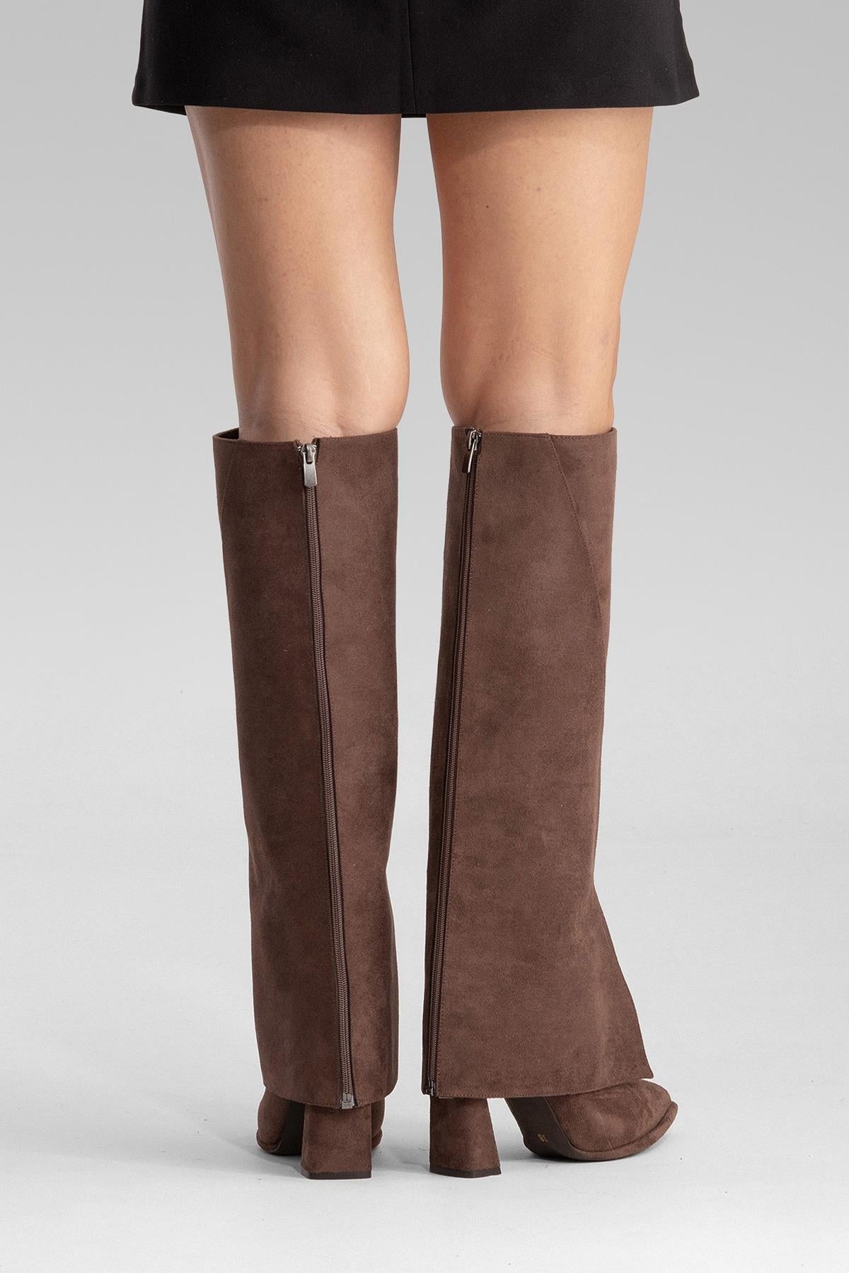 AJA - Brown Suede Block Heel Boot – pair view showing suede, Vowalisse