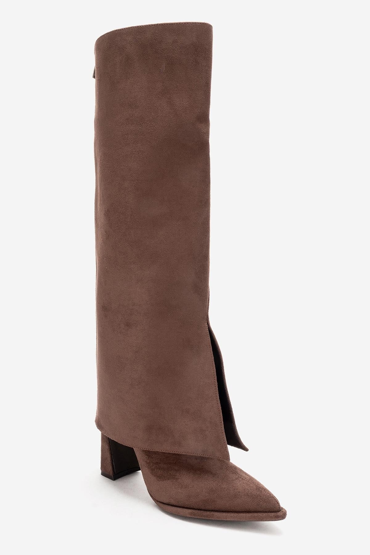 AJA - Brown Suede Block Heel Boot – product view 9 showing suede, Vowalisse