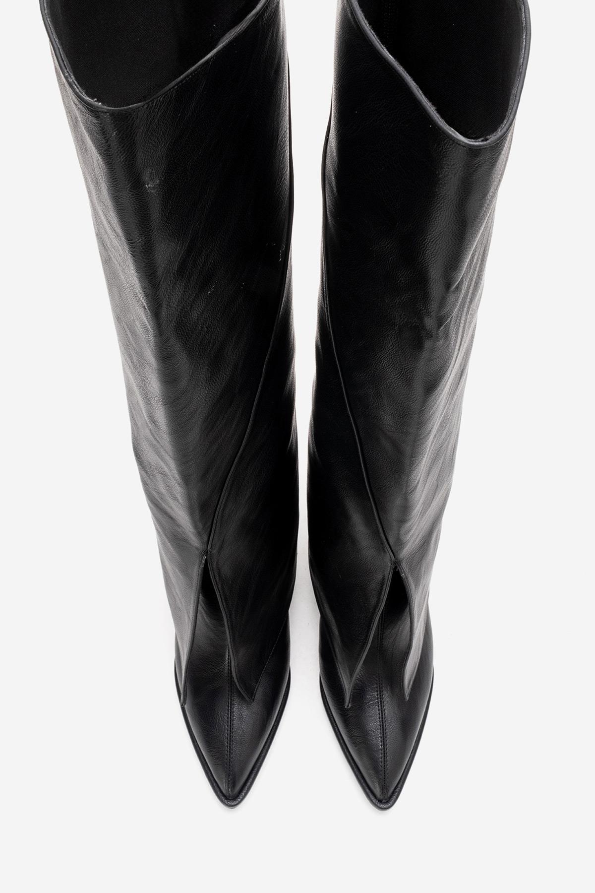 AJA - Black Block Heel Boot – product view 10 showing leather, black, red, Vowalisse