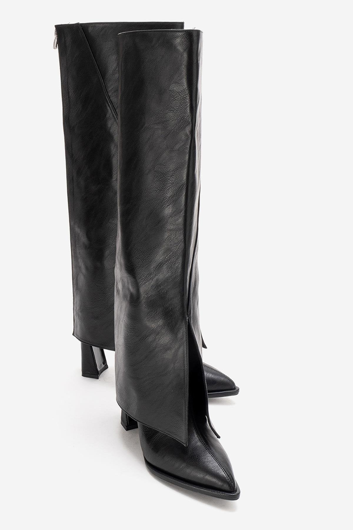 AJA - Black Block Heel Boot – front three-quarter view showing leather, black, red, Vowalisse