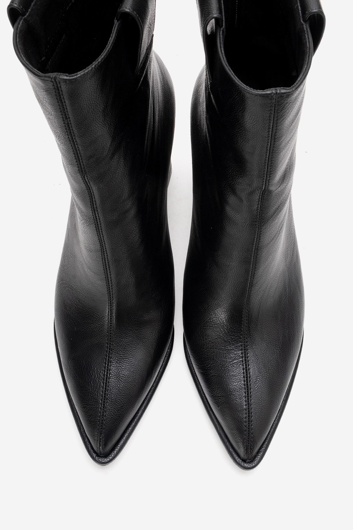 AJA - Black Block Heel Boot – back view showing leather, black, red, Vowalisse