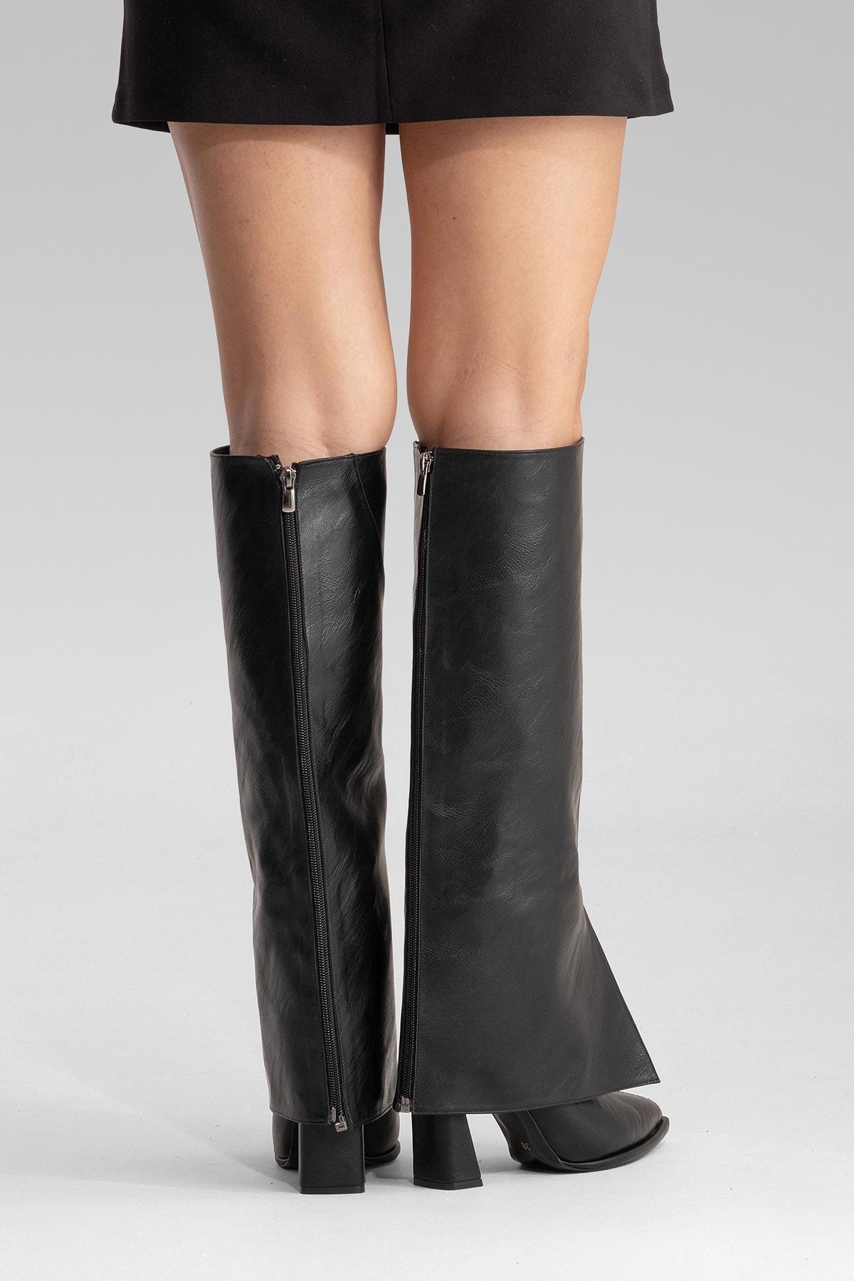 AJA - Black Block Heel Boot – pair view showing leather, black, red, Vowalisse