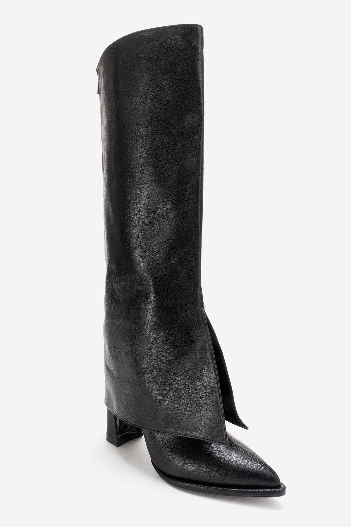 AJA - Black Block Heel Boot – product view 9 showing leather, black, red, Vowalisse