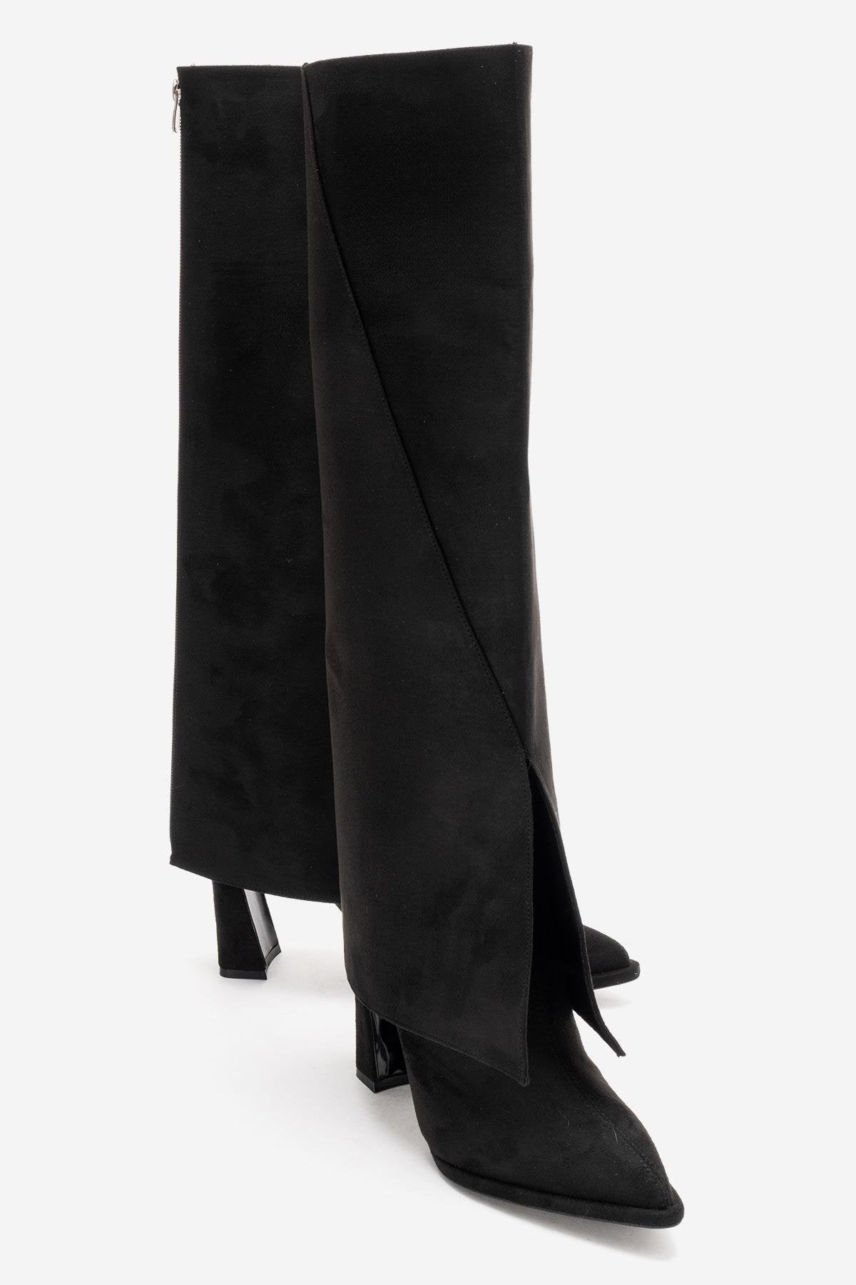 AJA - Black Block Heel Boot – front three-quarter view showing suede, black, Vowalisse