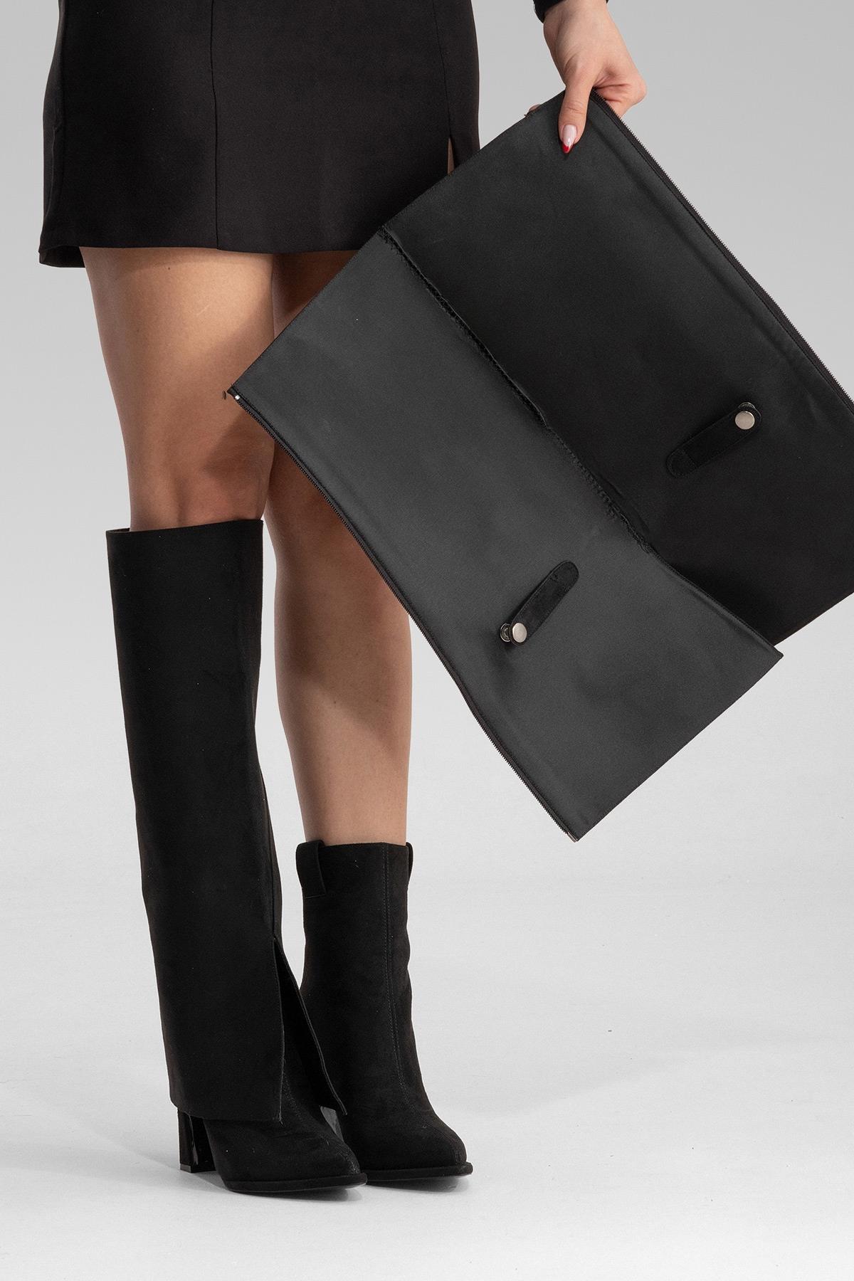 AJA - Black Block Heel Boot – side view showing suede, black, Vowalisse