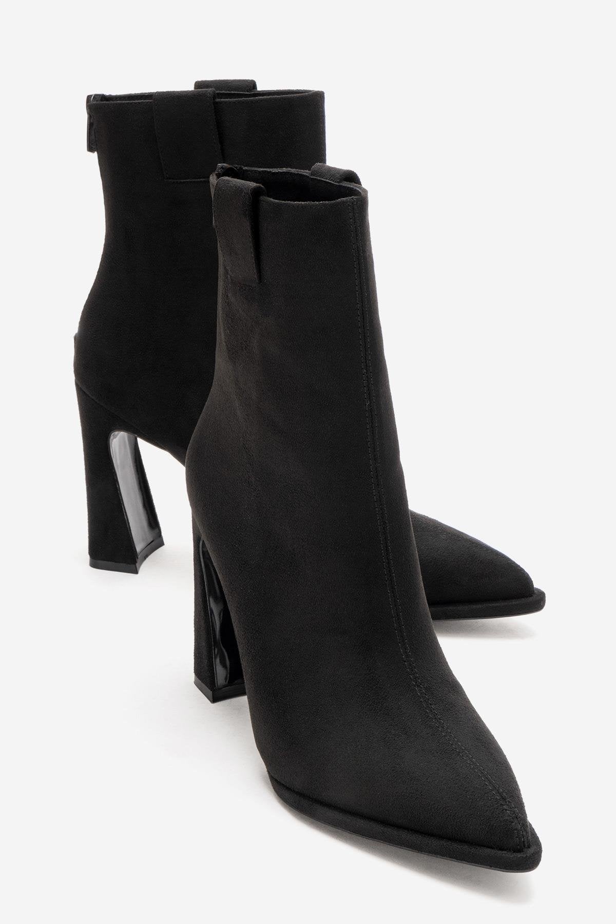 AJA - Black Block Heel Boot – heel view showing suede, black, Vowalisse