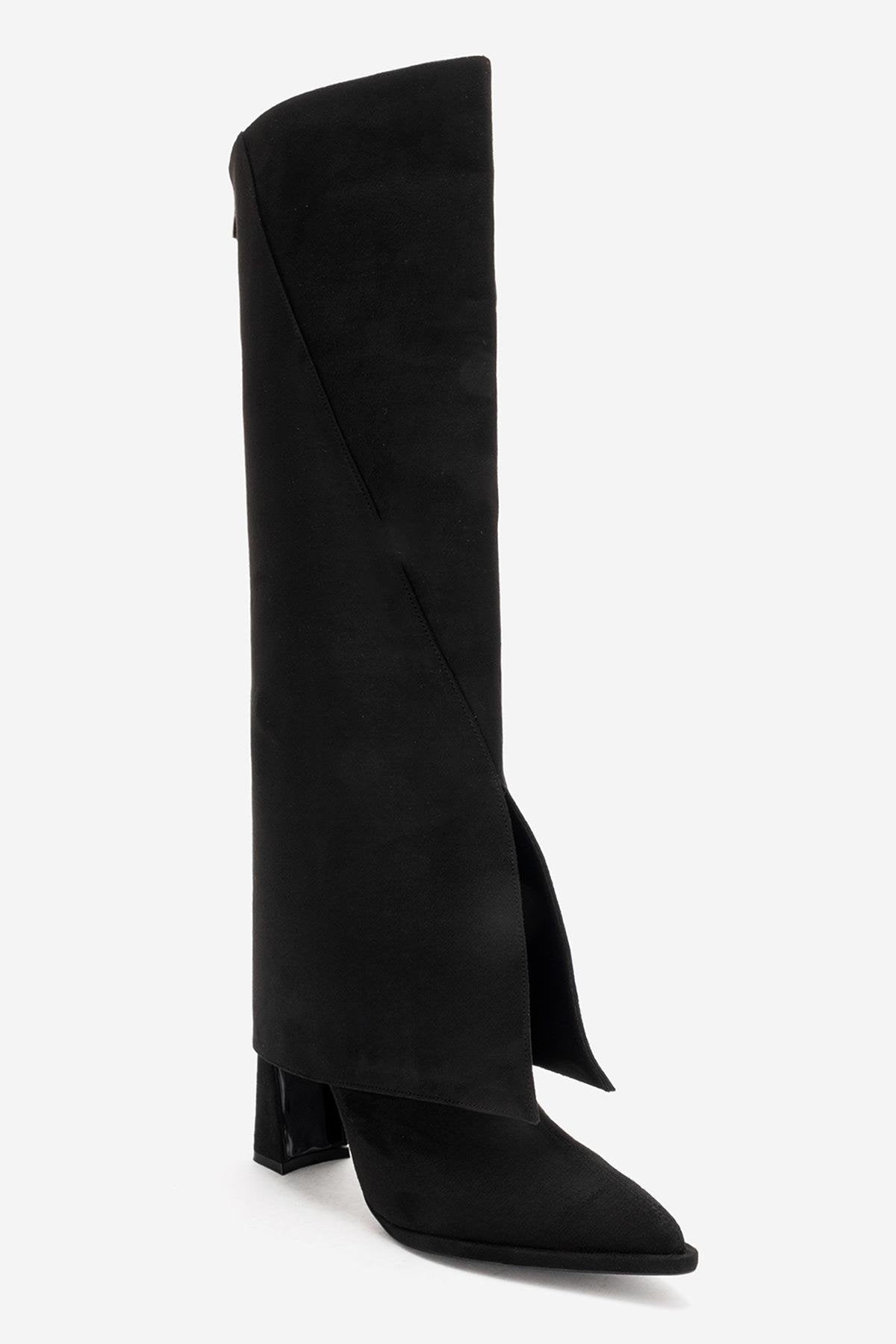AJA - Black Block Heel Boot – top view showing suede, black, Vowalisse