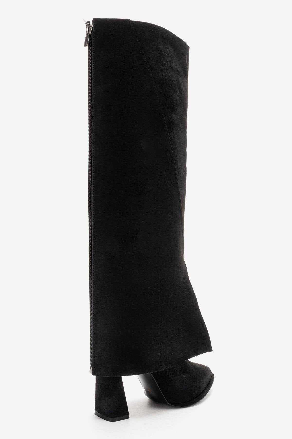 AJA - Black Block Heel Boot – sole view showing suede, black, Vowalisse
