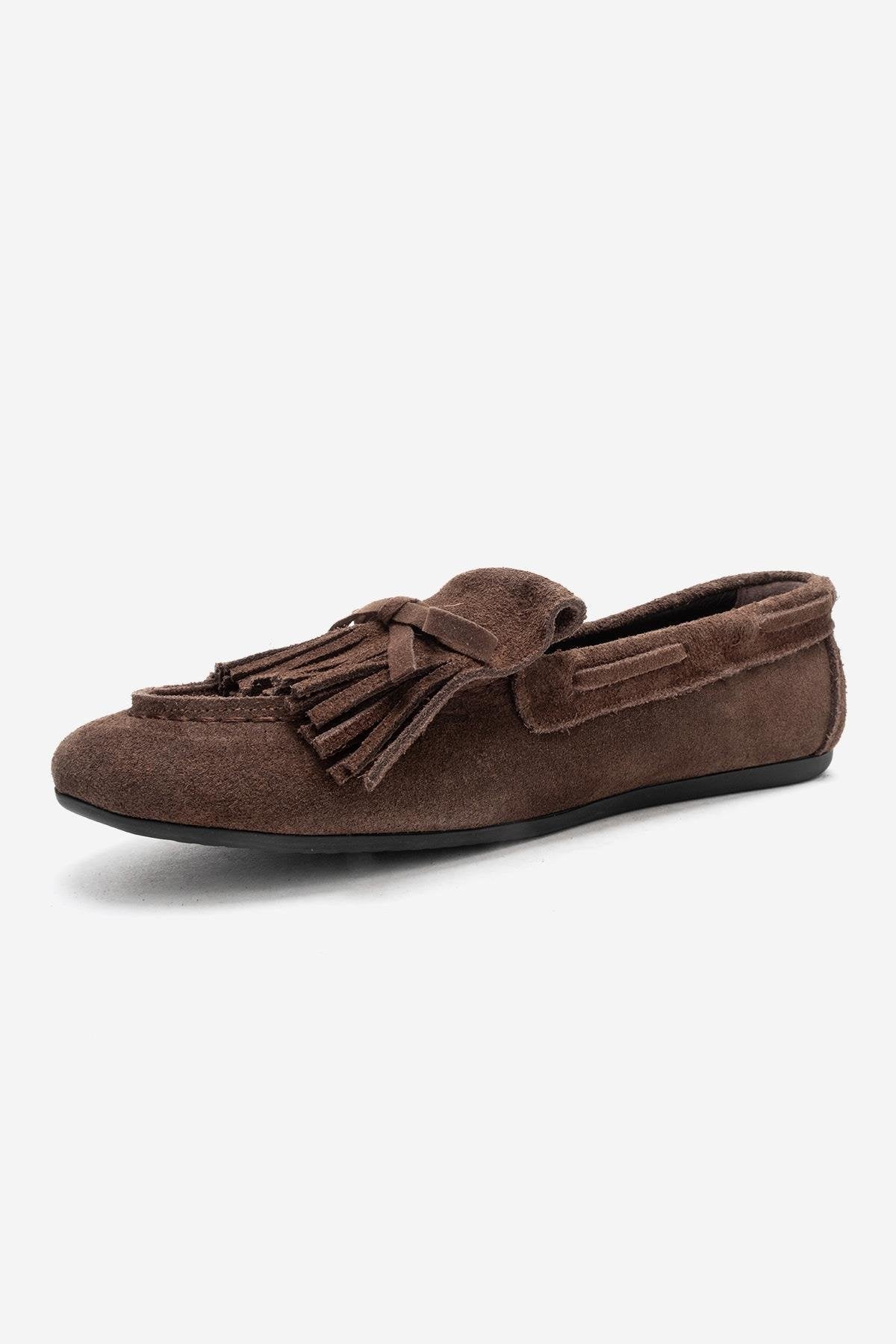 AXELI - Camel Genuine Leather Suede Loafer – heel view showing bow, leather, suede, Vowalisse