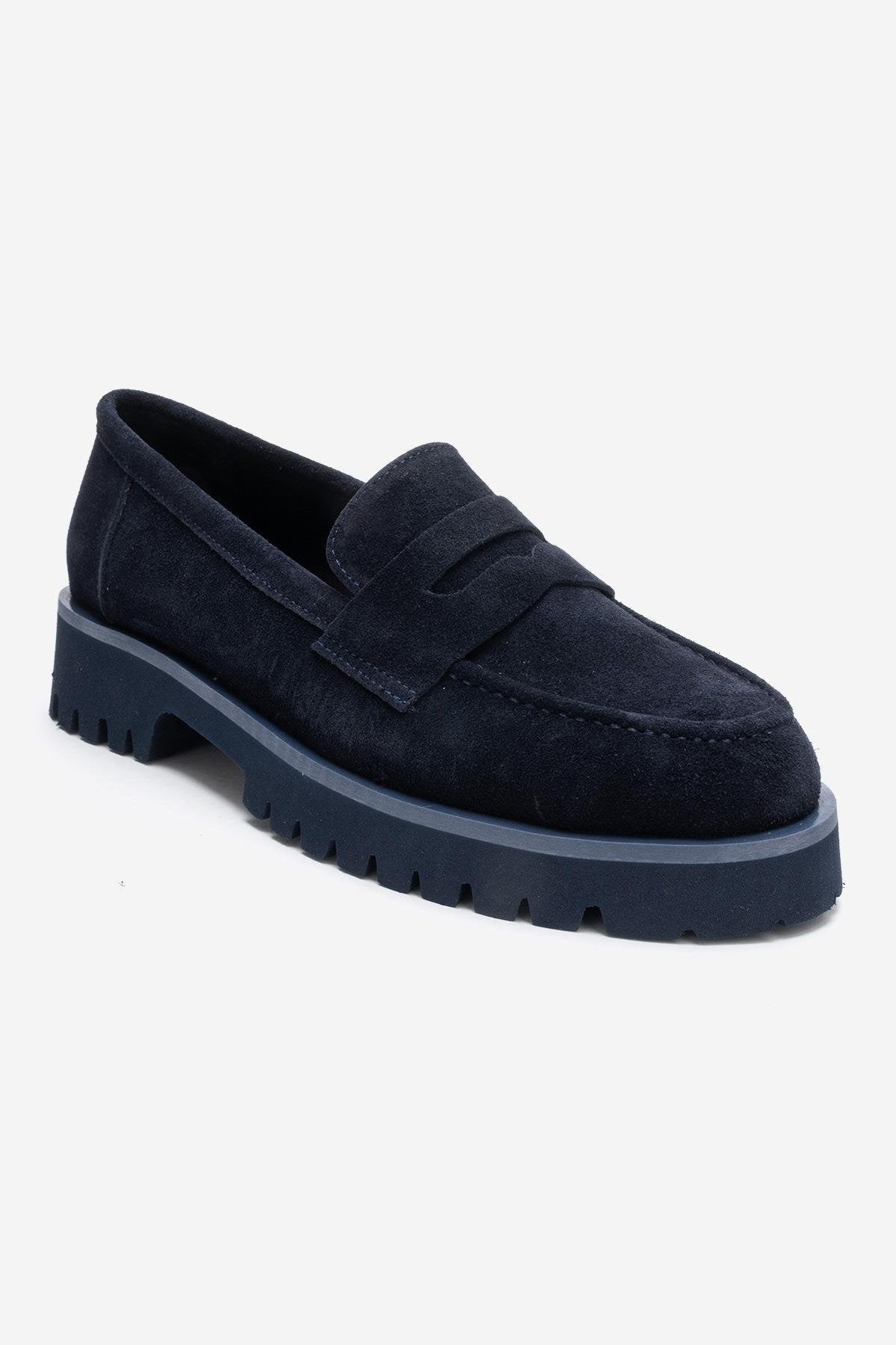 VIONEL - Navy Genuine Leather Loafer – detail view showing leather, Vowalisse