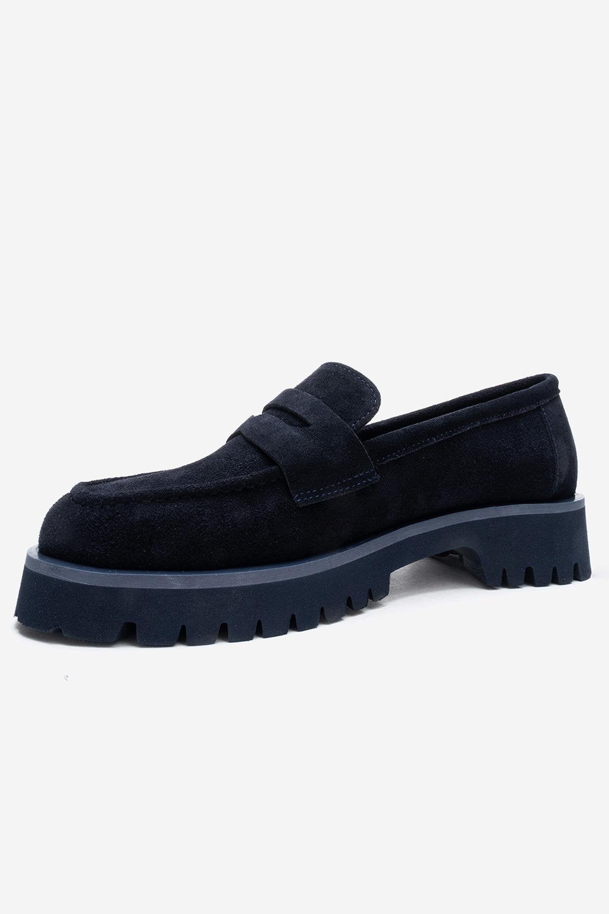 VIONEL - Navy Genuine Leather Loafer – heel view showing leather, Vowalisse