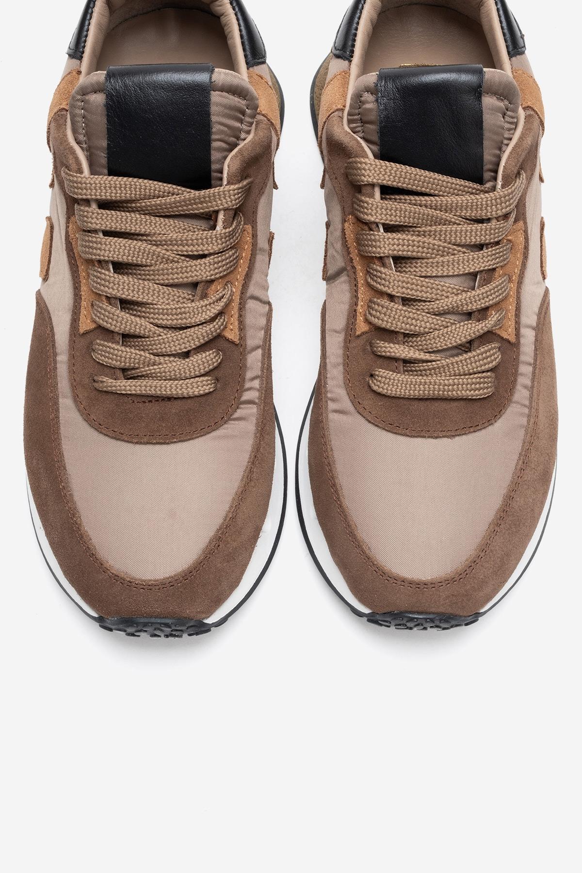 VIAN - Beige Brown Genuine Leather Sneaker – side view showing leather, red, Vowalisse