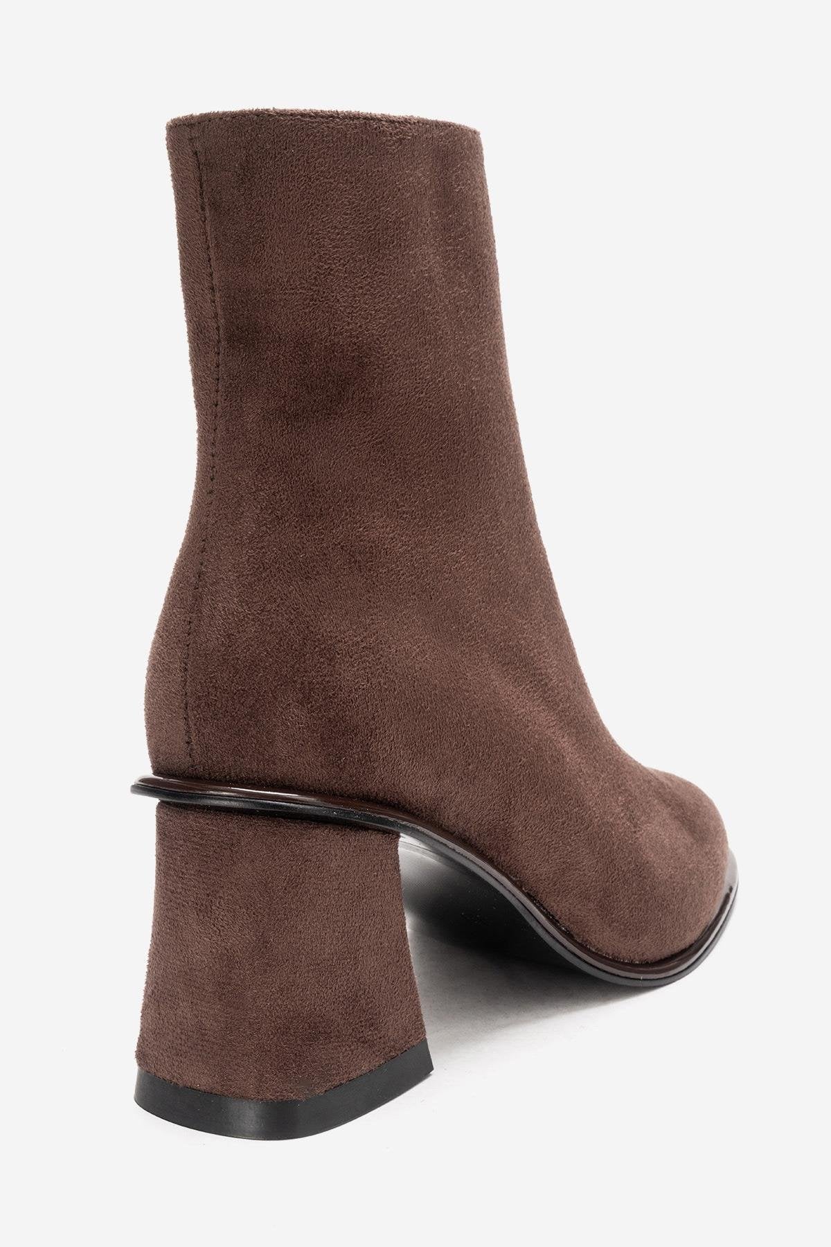 ALBA - Brown Suede Block Heel Boot – top view showing suede, red, Vowalisse