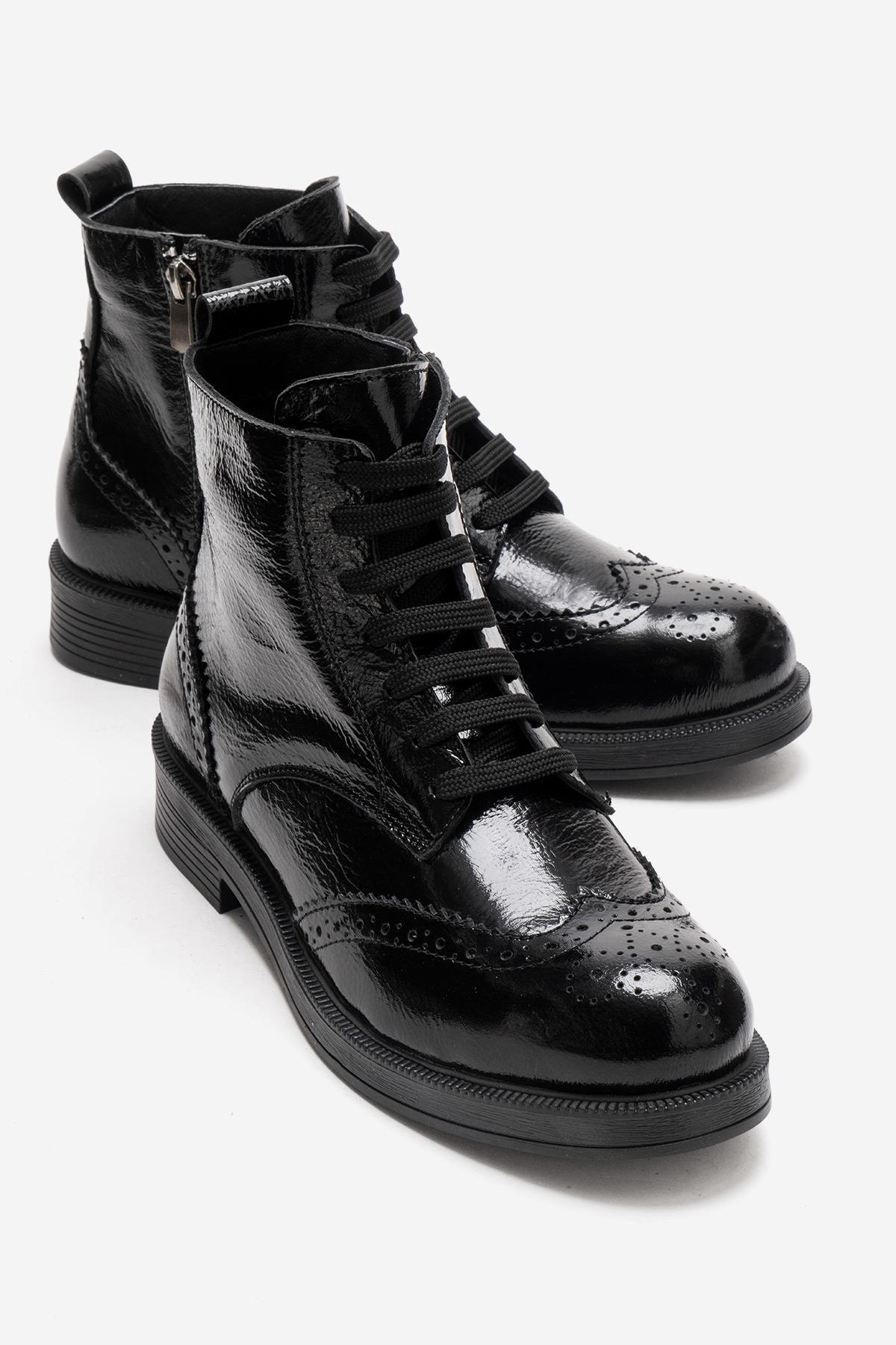 NELVY - Black Patent Genuine Leather Flat Boot – front three-quarter view showing leather, black, Vowalisse