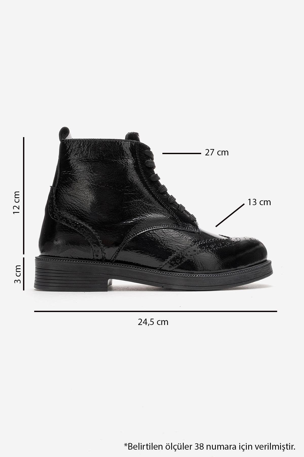 NELVY - Black Patent Genuine Leather Flat Boot – detail view showing leather, black, Vowalisse