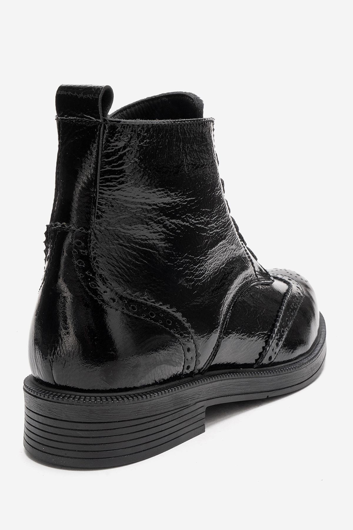 NELVY - Black Patent Genuine Leather Flat Boot – heel view showing leather, black, Vowalisse