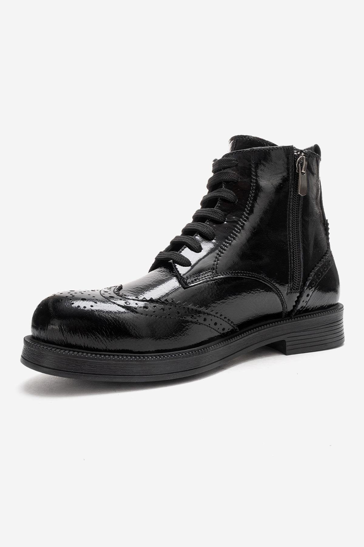 NELVY - Black Patent Genuine Leather Flat Boot – top view showing leather, black, Vowalisse