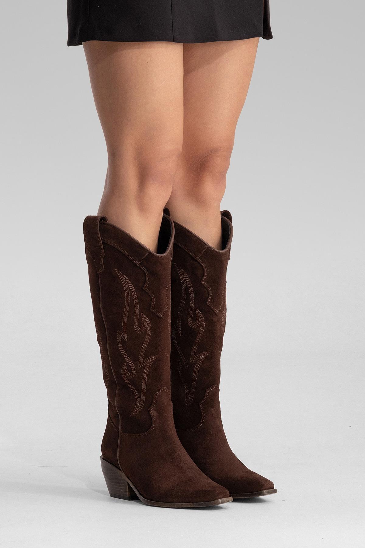 PIETRO - Brown Genuine Suede Block Heel Western Boot – heel view showing leather, suede, Vowalisse