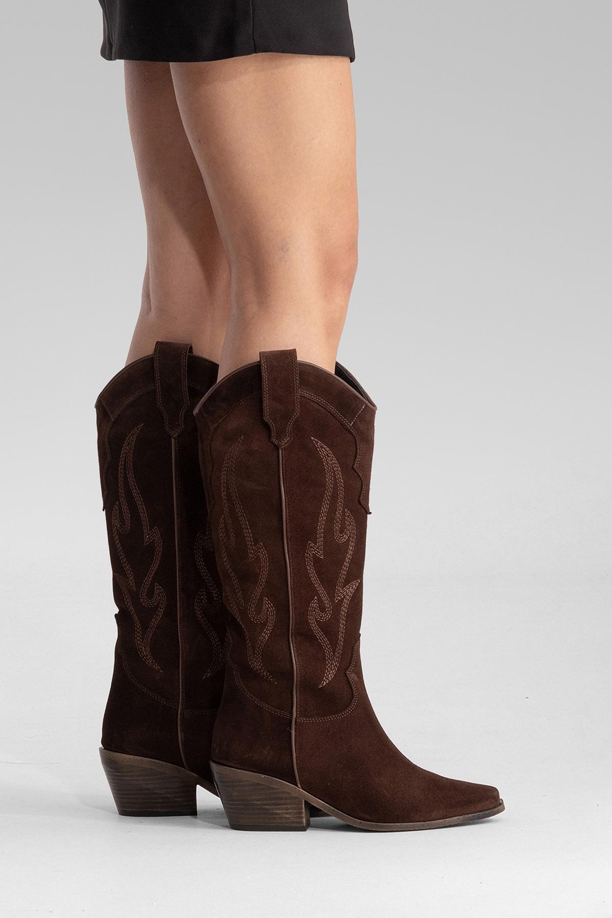 PIETRO - Brown Genuine Suede Block Heel Western Boot – back view showing leather, suede, Vowalisse