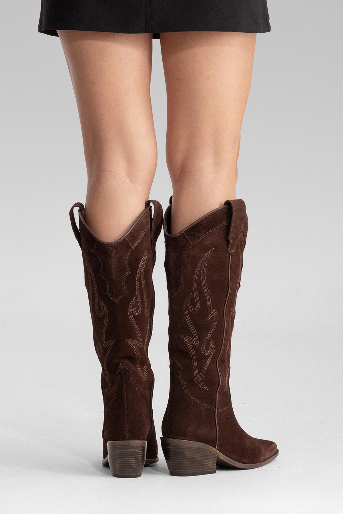 PIETRO - Brown Genuine Suede Block Heel Western Boot – top view showing leather, suede, Vowalisse