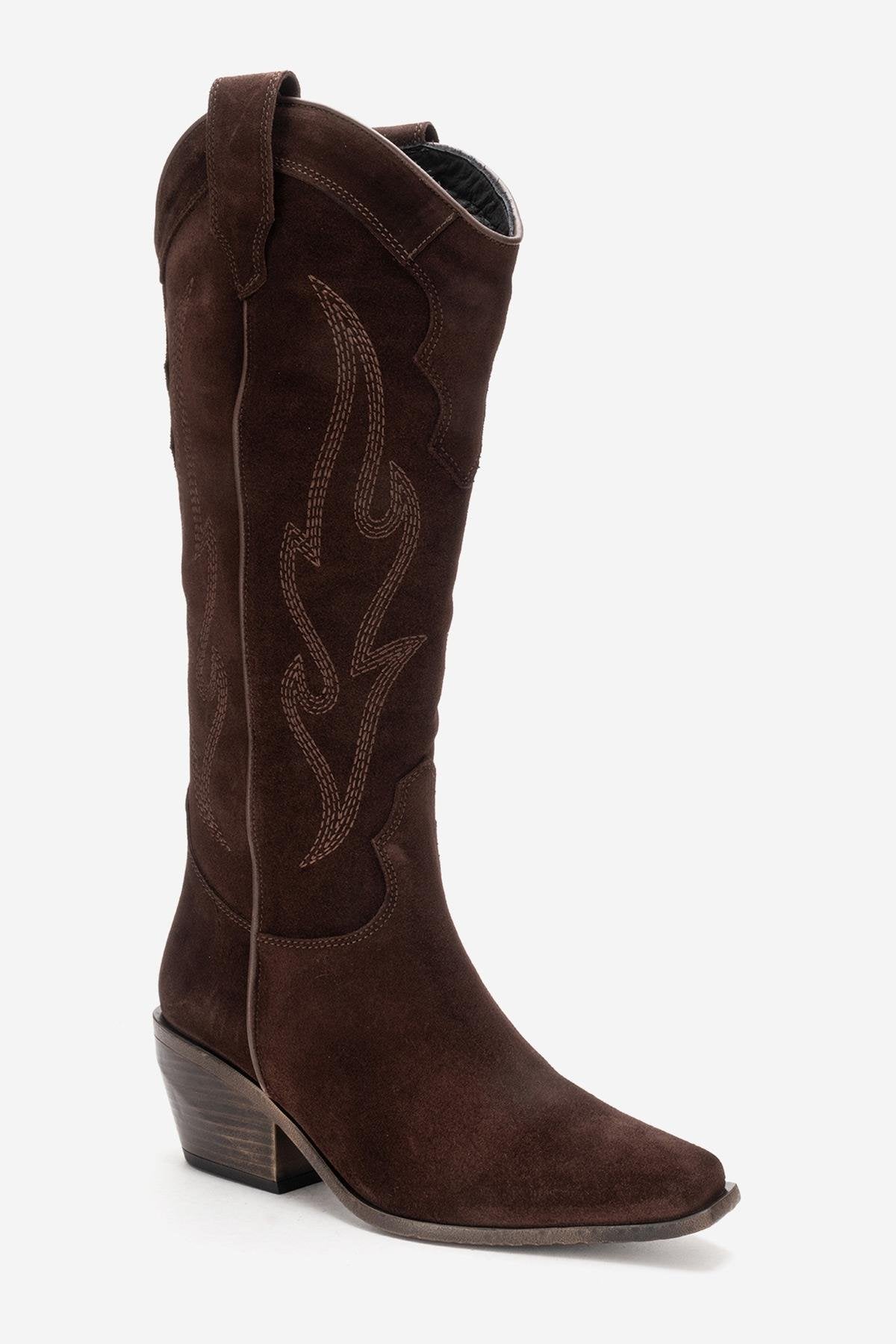 PIETRO - Brown Genuine Suede Block Heel Western Boot – pair view showing leather, suede, Vowalisse