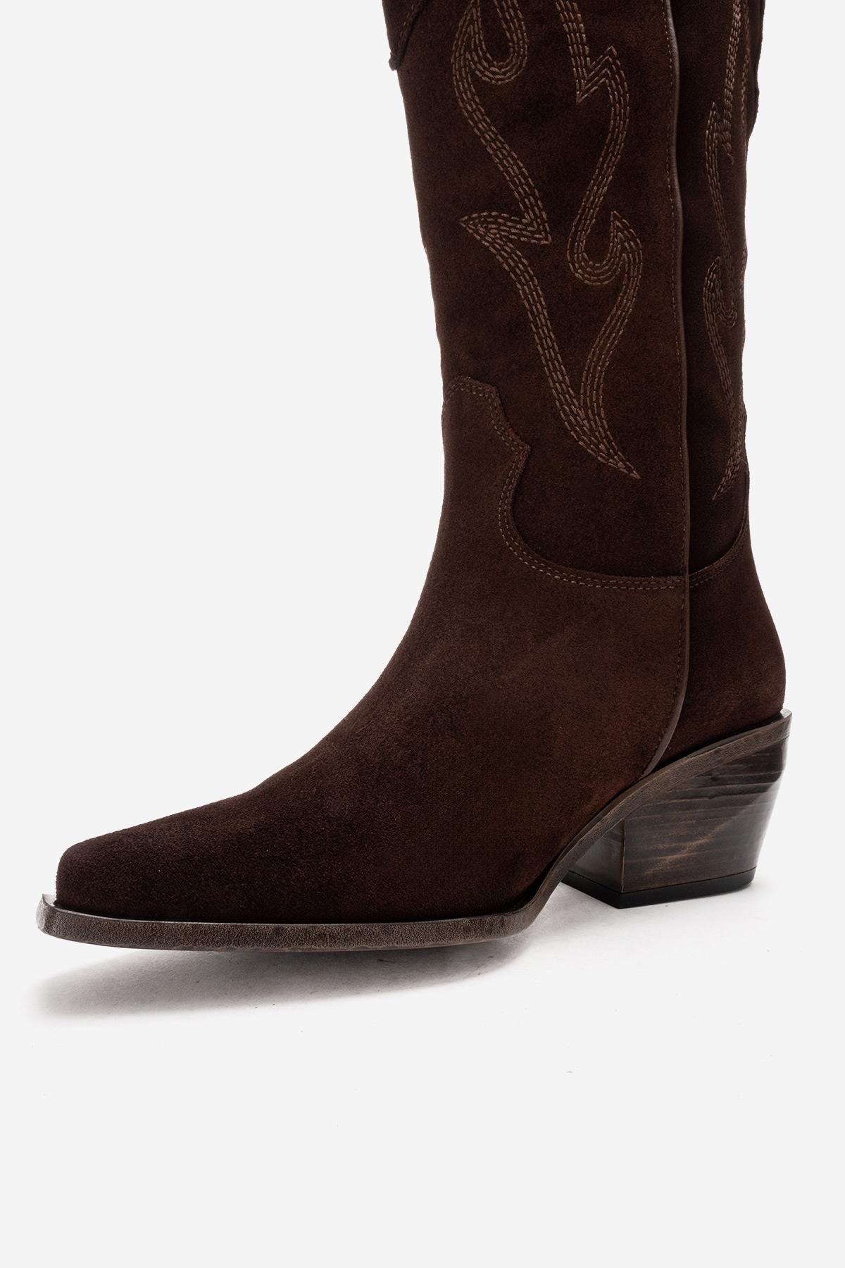 PIETRO - Brown Genuine Suede Block Heel Western Boot – product view 9 showing leather, suede, Vowalisse