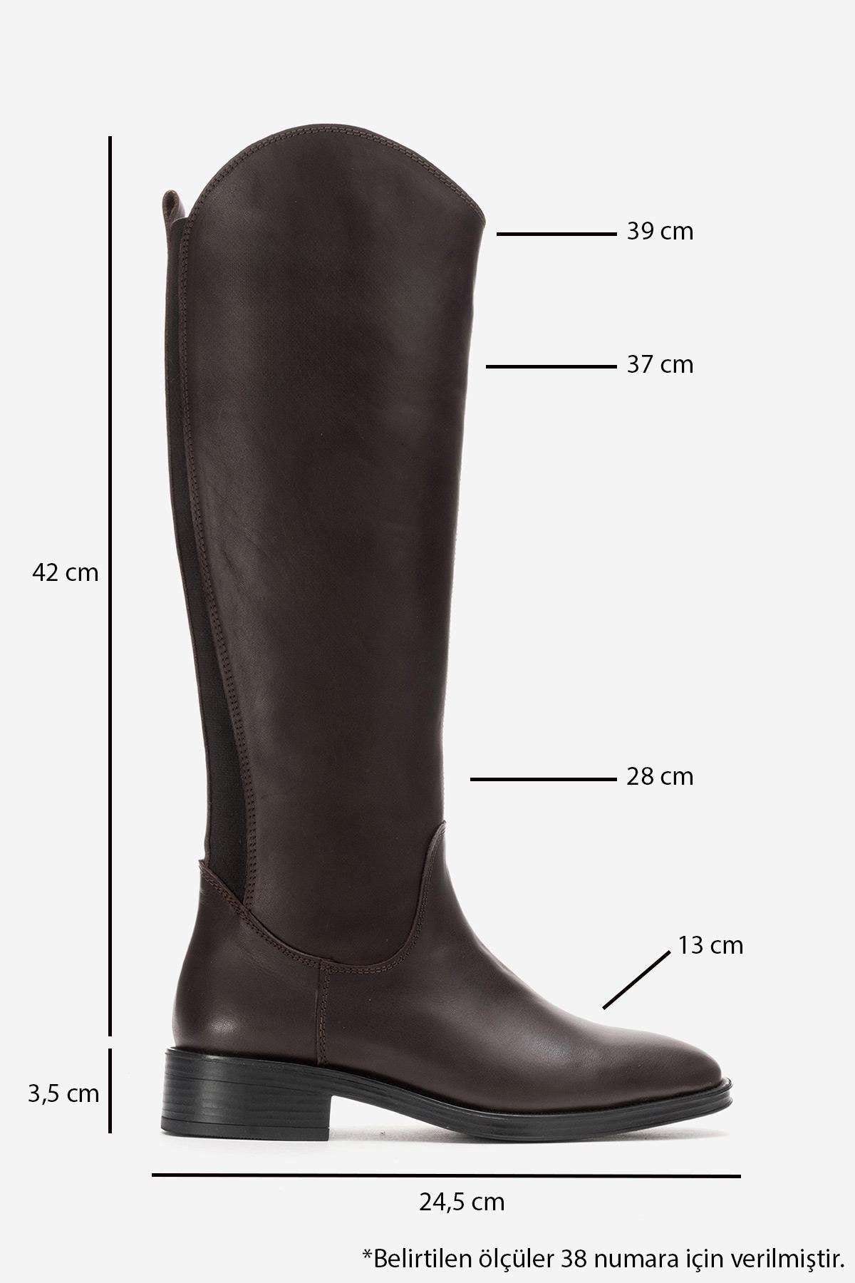 RUIZ - Brown Genuine Leather Low Heel Knee-High Boot – detail view showing leather, Vowalisse