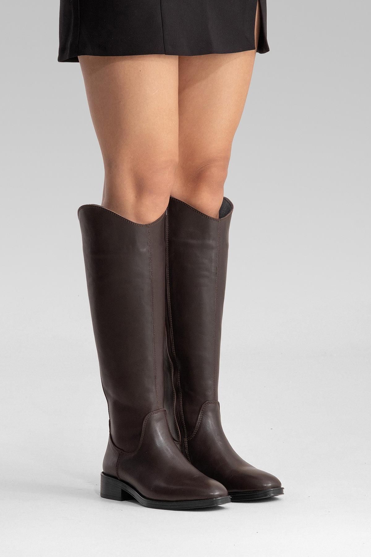 RUIZ - Brown Genuine Leather Low Heel Knee-High Boot – heel view showing leather, Vowalisse