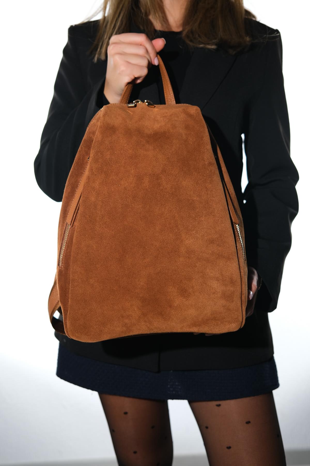 JOSH - Cognac Genuine Suede Leather Backpack – side view showing leather, suede, red, Vowalisse