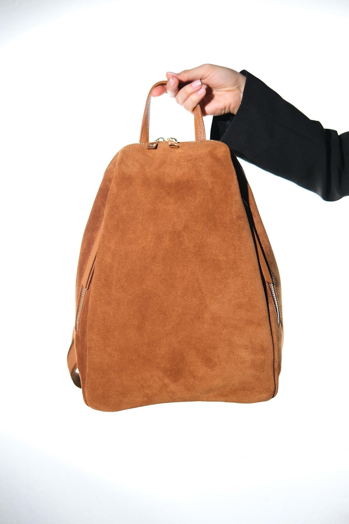 JOSH - Cognac Genuine Suede Leather Backpack – detail view showing leather, suede, red, Vowalisse