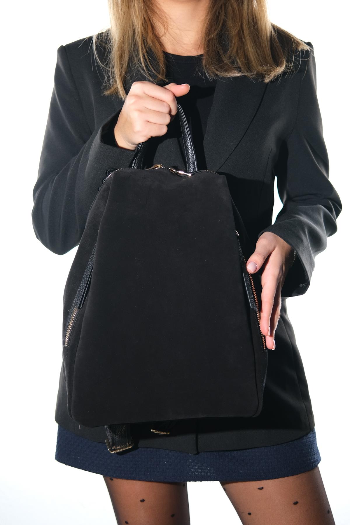 JOSH - Black Genuine Suede Leather Backpack – side view showing leather, suede, black, Vowalisse