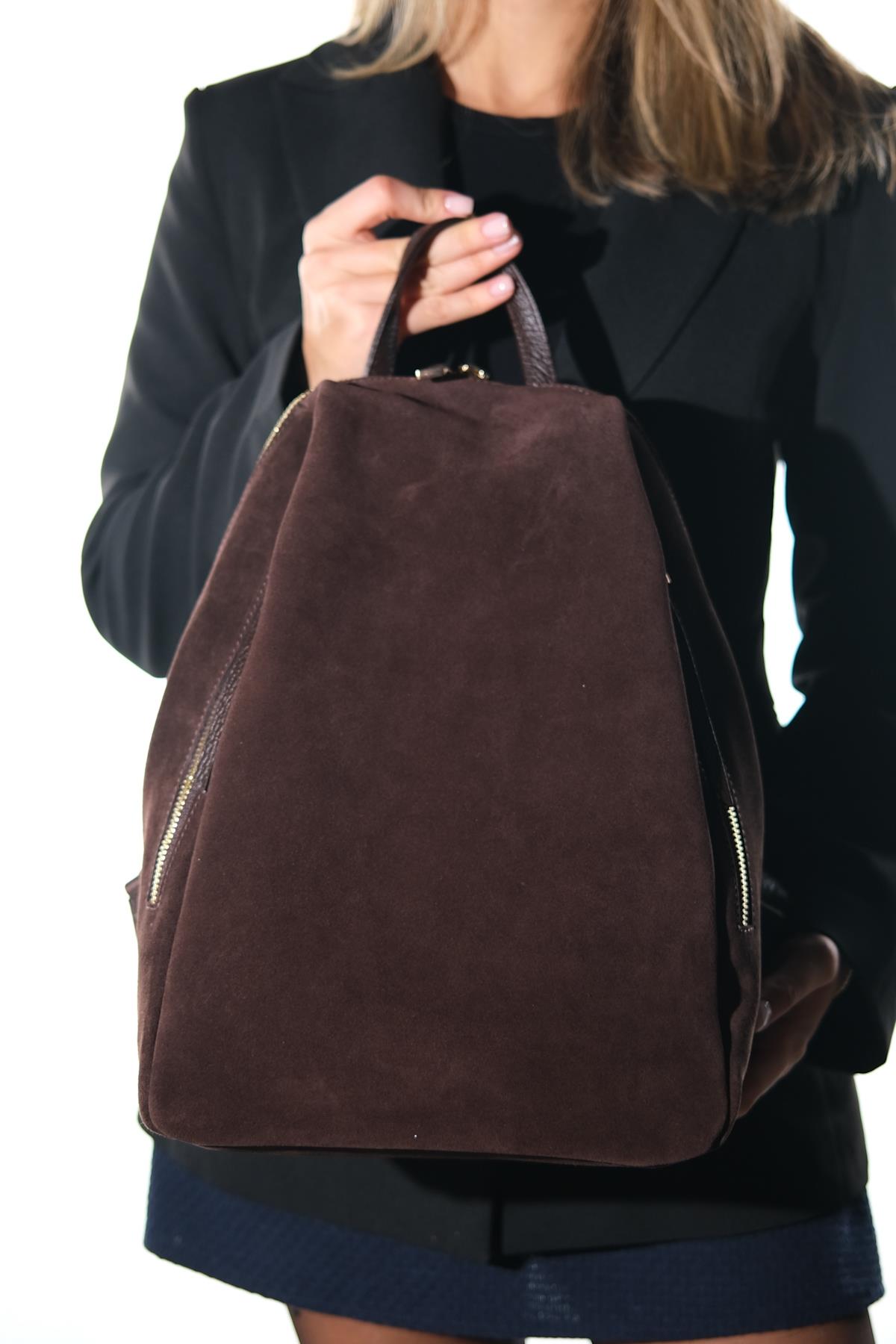 JOSH - Brown Genuine Suede Leather Backpack – side view showing leather, suede, Vowalisse