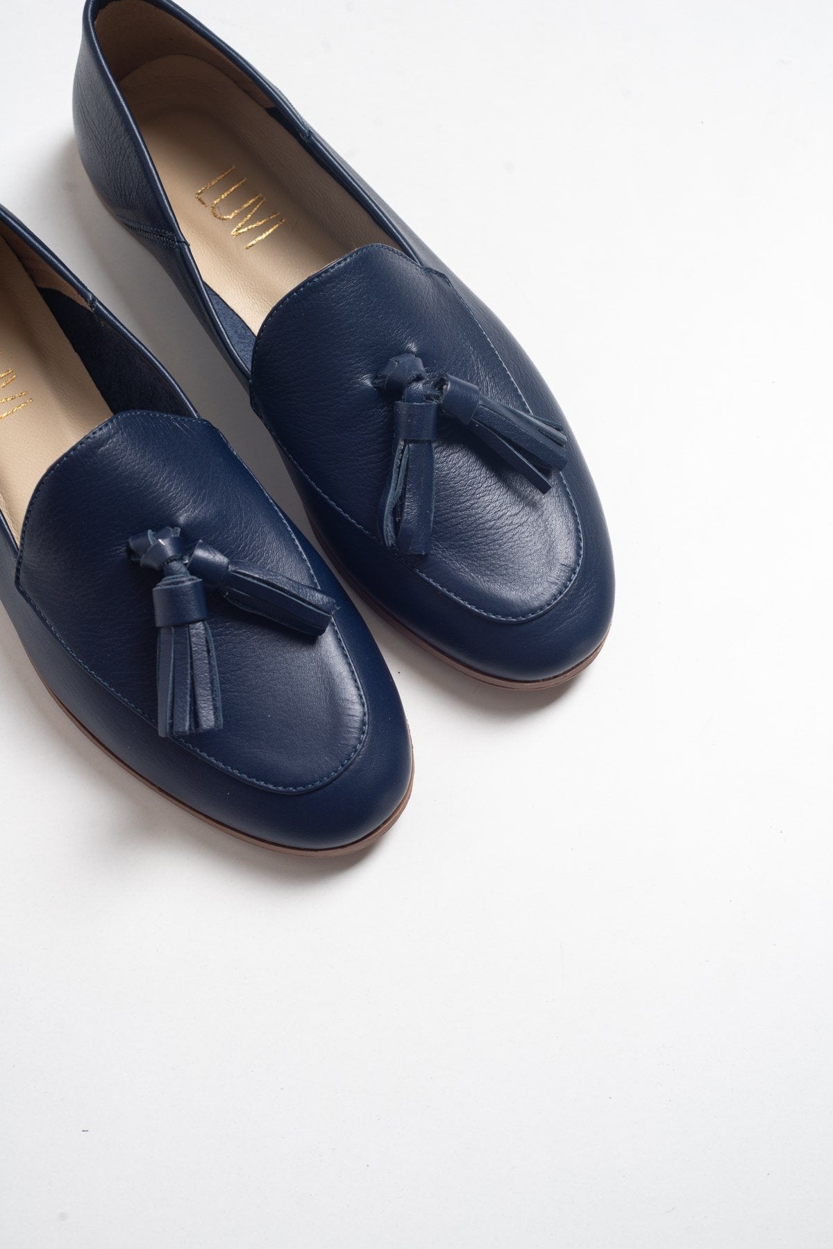 F04 - Navy Genuine Leather Tassel Loafer – side view showing leather, Vowalisse