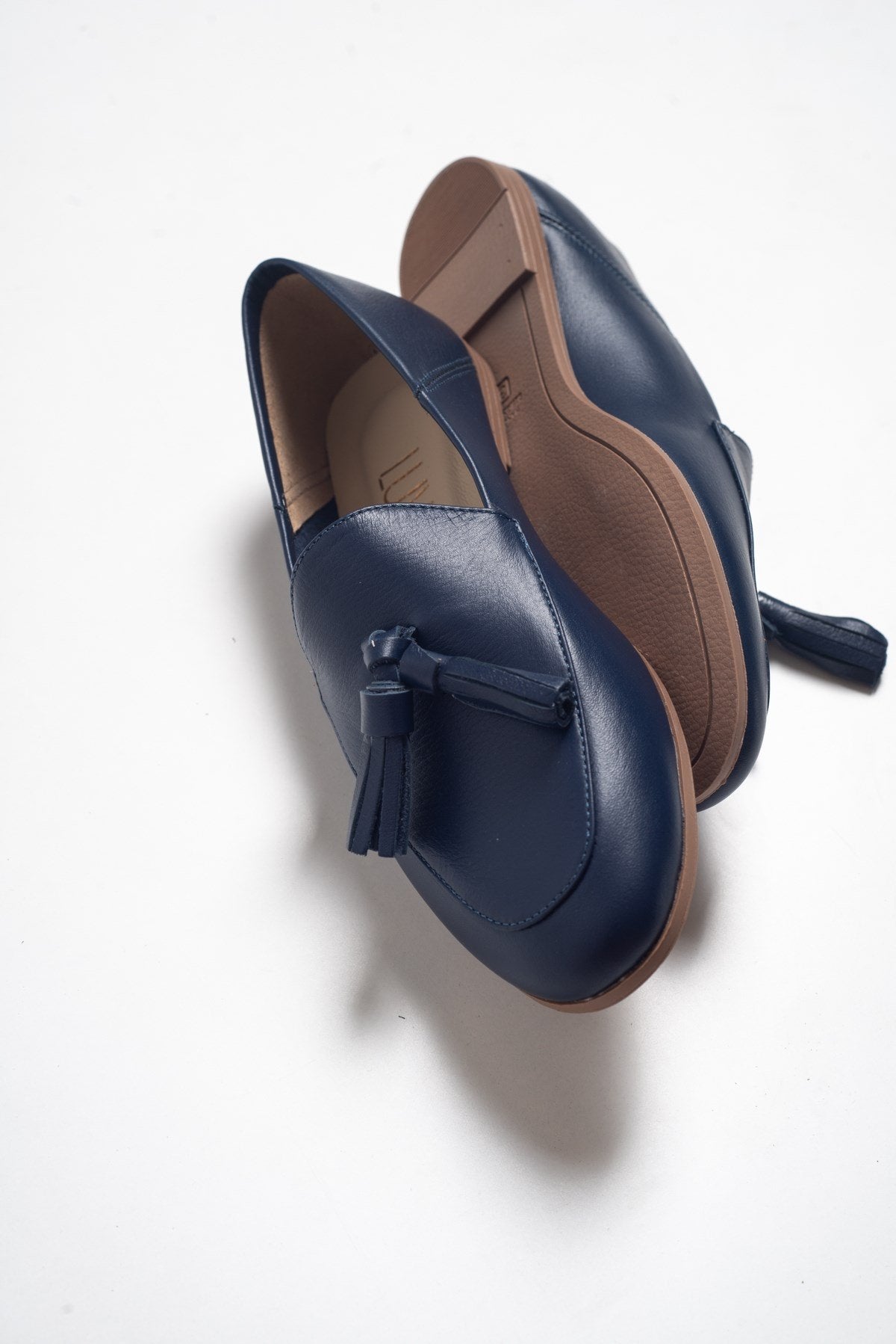F04 - Navy Genuine Leather Tassel Loafer – detail view showing leather, Vowalisse
