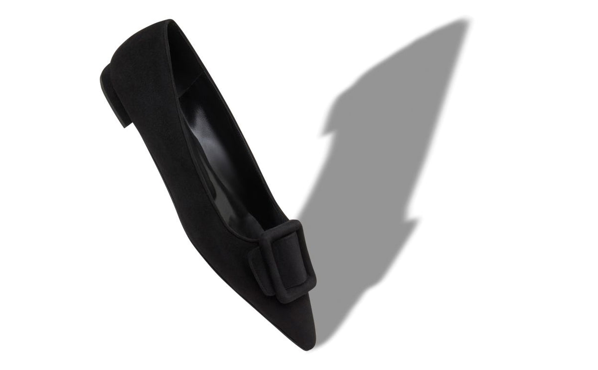 Adriana Crown Black Pointed Toe Pumps – front three-quarter view showing black pointed toe, suede, Vowalisse
